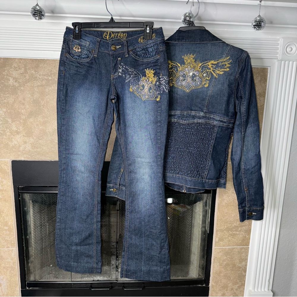 Dereon Y2K 2 piece denim jeans w Jacket set outfit Medium size 3/4 Beyoncé stone